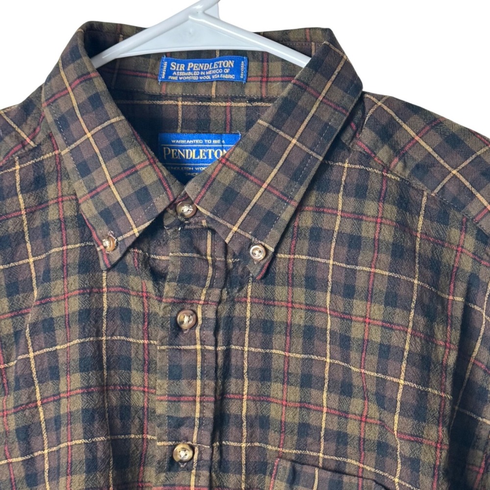 Pendleton Button Down Mens‎ L Long Brown Plaid Sir Pendleton Worsted Wool